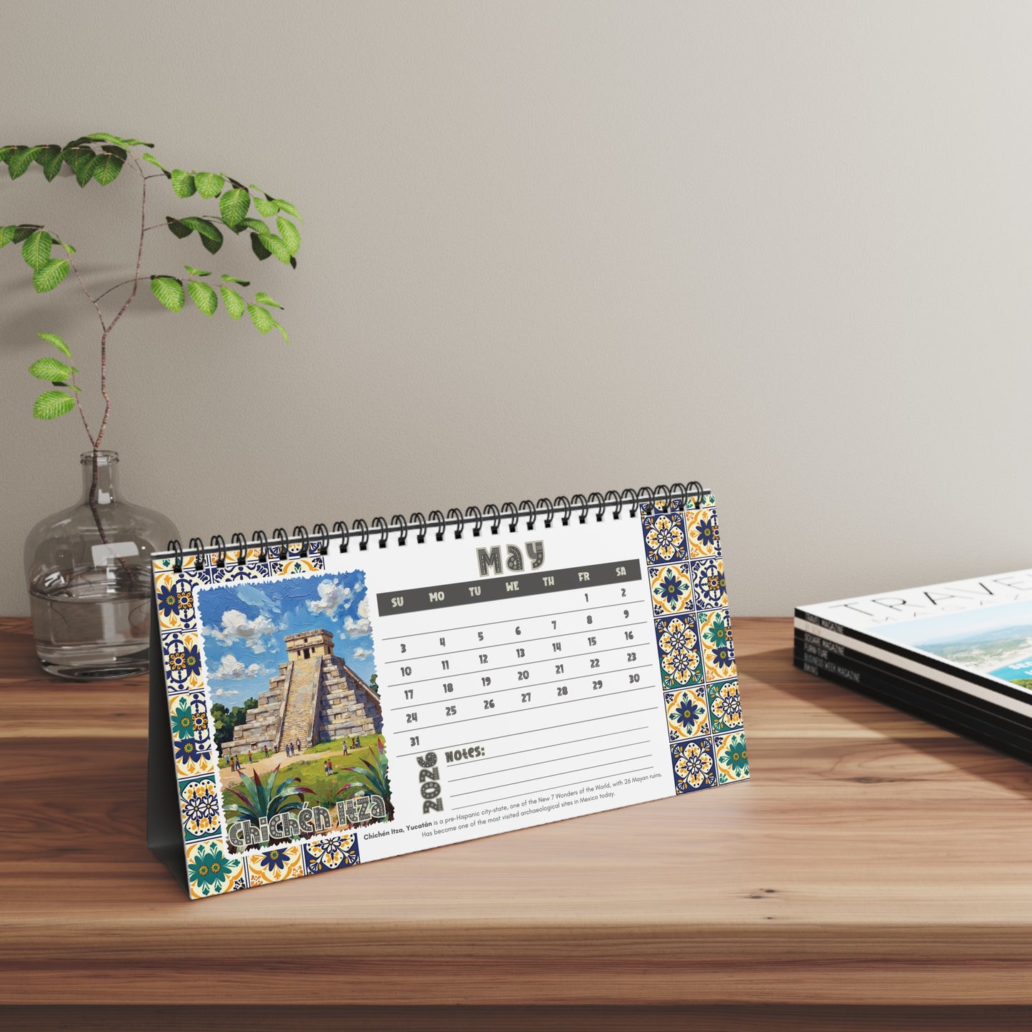 2026 Desk Calendar - Mexican Art Travel Calendar - Colorful Tile Border, Spiral Bound, Small Table Planner