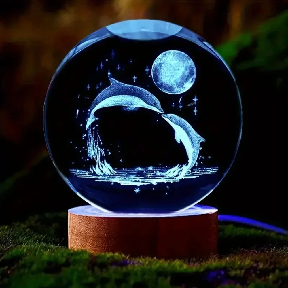 Crystal Ball Wooden Base with 6cm Crystal Ball Planet Night Light 3D Laser Etched Marine Animal Indoor Statue Lamp Decoration