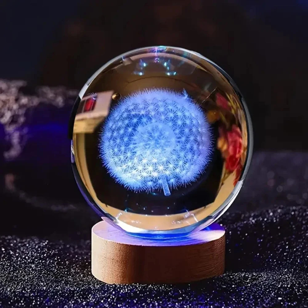 Crystal Ball Wooden Base with 6cm Crystal Ball Planet Night Light 3D Laser Etched Marine Animal Indoor Statue Lamp Decoration