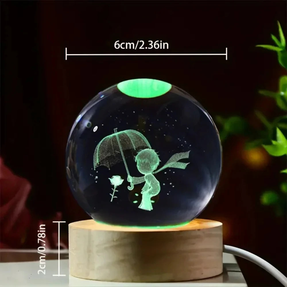 Crystal Ball Wooden Base with 6cm Crystal Ball Planet Night Light 3D Laser Etched Marine Animal Indoor Statue Lamp Decoration