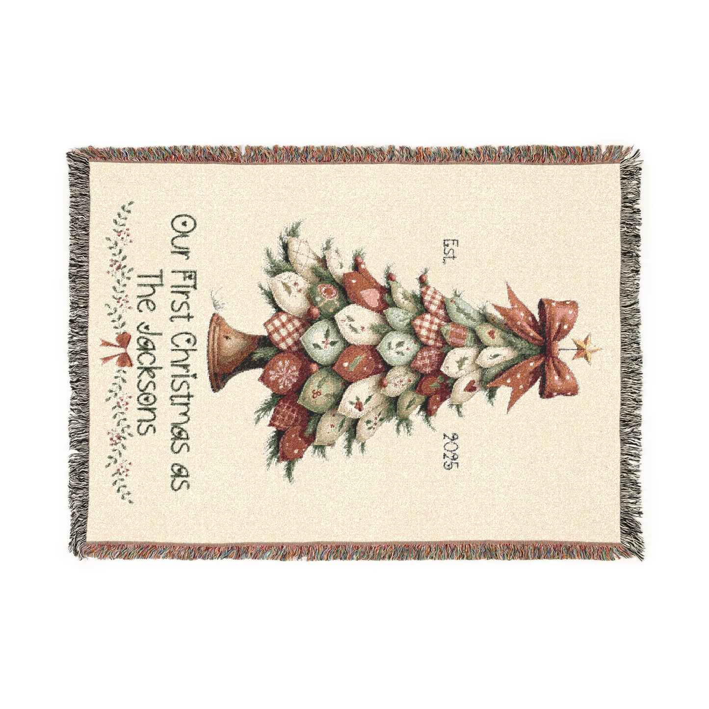 Personalized Woven Blanket - Our First Christmas as Mr & Mrs or Family Name, Custom Christmas Tree Throw, Holiday Newlywed Gift