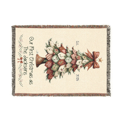 Personalized Woven Blanket - Our First Christmas as Mr & Mrs or Family Name, Custom Christmas Tree Throw, Holiday Newlywed Gift