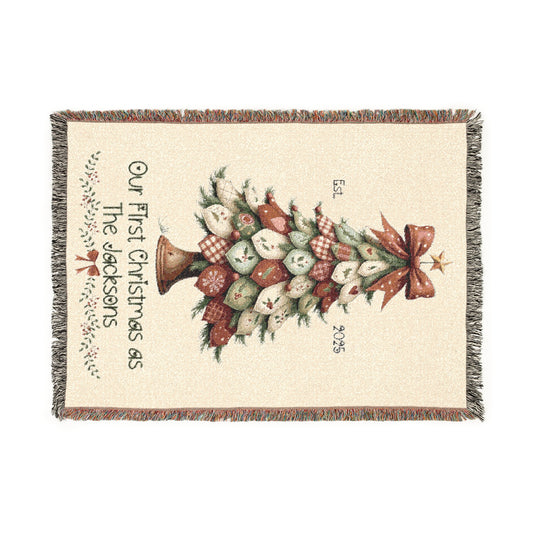 Personalized Woven Blanket - Our First Christmas as Mr & Mrs or Family Name, Custom Christmas Tree Throw, Holiday Newlywed Gift