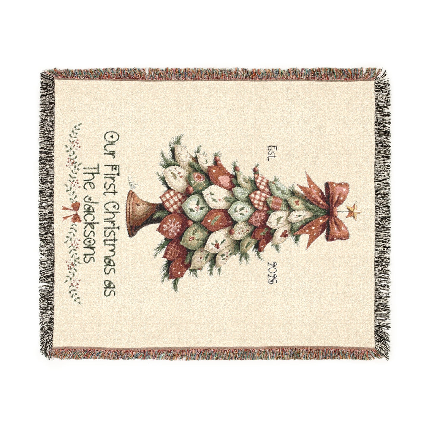 Personalized Woven Blanket - Our First Christmas as Mr & Mrs or Family Name, Custom Christmas Tree Throw, Holiday Newlywed Gift