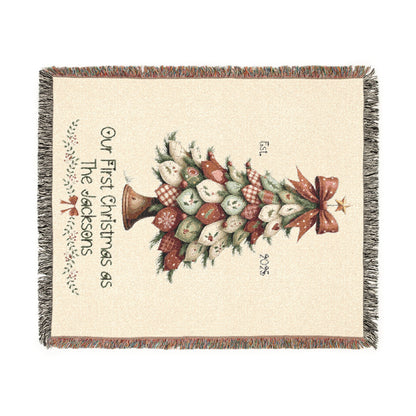 Personalized Woven Blanket - Our First Christmas as Mr & Mrs or Family Name, Custom Christmas Tree Throw, Holiday Newlywed Gift