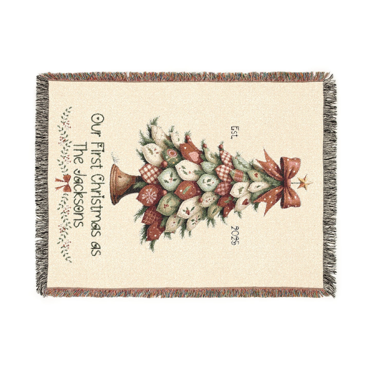 Personalized Woven Blanket - Our First Christmas as Mr & Mrs or Family Name, Custom Christmas Tree Throw, Holiday Newlywed Gift