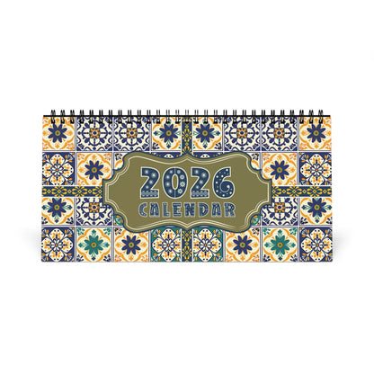 2026 Desk Calendar - Mexican Art Travel Calendar - Colorful Tile Border, Spiral Bound, Small Table Planner