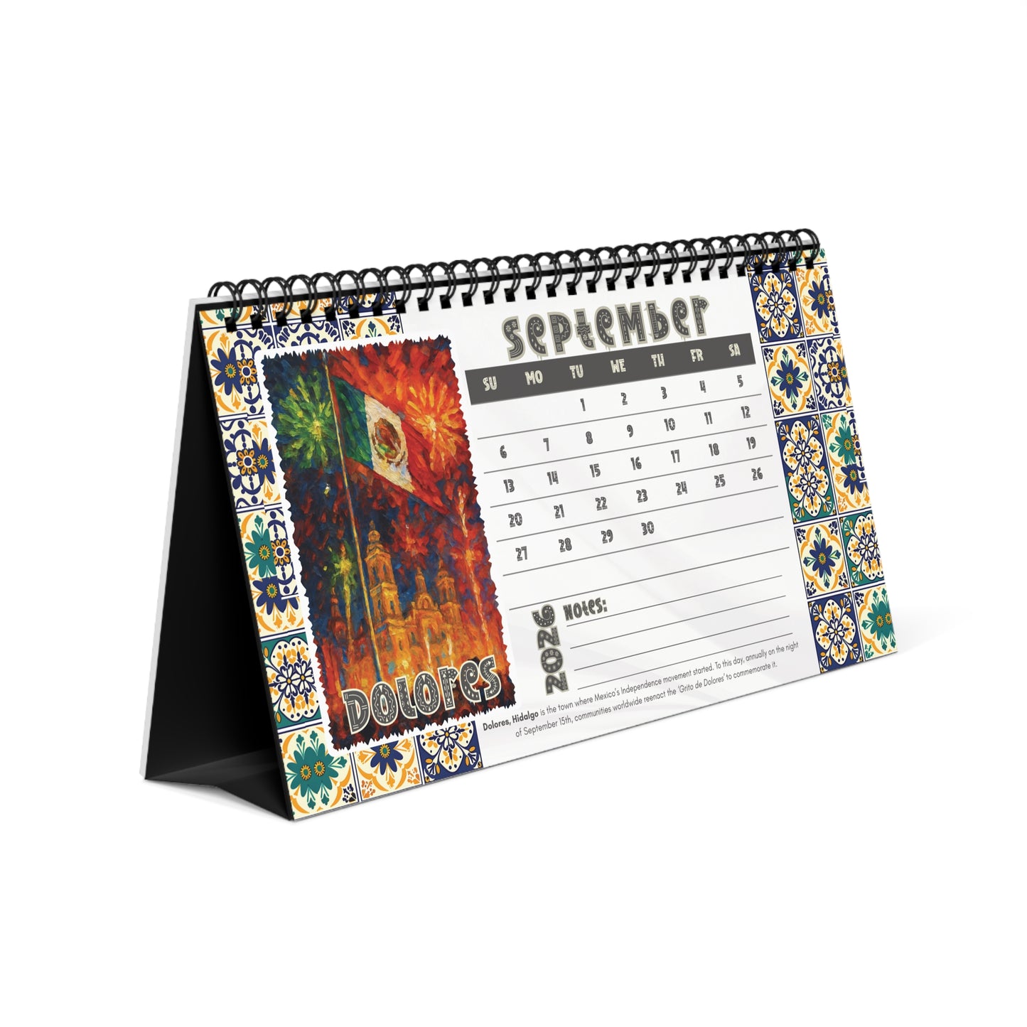 2026 Desk Calendar - Mexican Art Travel Calendar - Colorful Tile Border, Spiral Bound, Small Table Planner