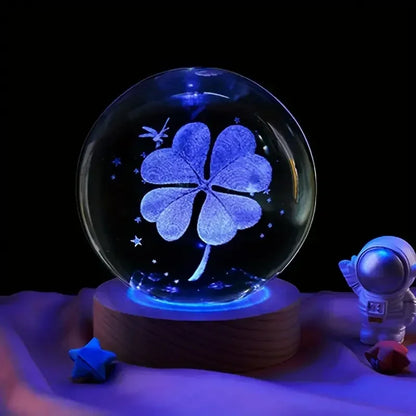 Crystal Ball  Wooden Base with 6cm Crystal Ball Planet Night Light 3D Laser Etched Marine Animal Indoor Statue Lamp Decoration