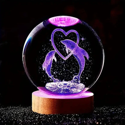 Crystal Ball  Wooden Base with 6cm Crystal Ball Planet Night Light 3D Laser Etched Marine Animal Indoor Statue Lamp Decoration