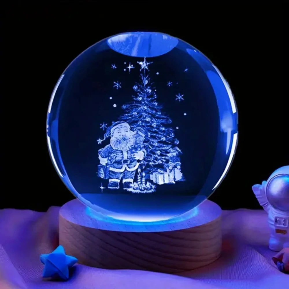 Crystal Ball  Wooden Base with 6cm Crystal Ball Planet Night Light 3D Laser Etched Marine Animal Indoor Statue Lamp Decoration