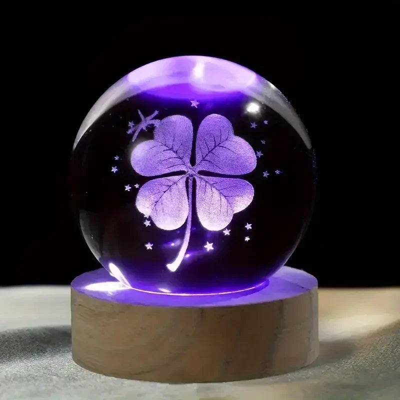 Crystal Ball  Wooden Base with 6cm Crystal Ball Planet Night Light 3D Laser Etched Marine Animal Indoor Statue Lamp Decoration