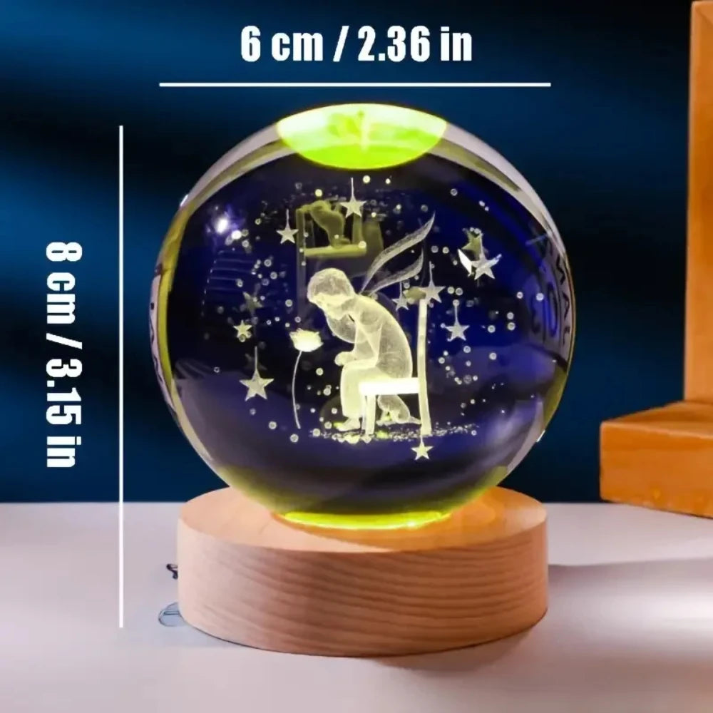 Crystal Ball  Wooden Base with 6cm Crystal Ball Planet Night Light 3D Laser Etched Marine Animal Indoor Statue Lamp Decoration