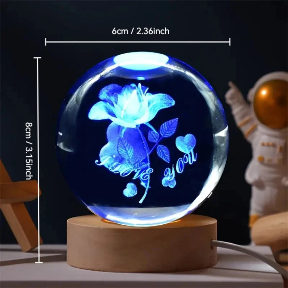 Crystal Ball  Wooden Base with 6cm Crystal Ball Planet Night Light 3D Laser Etched Marine Animal Indoor Statue Lamp Decoration